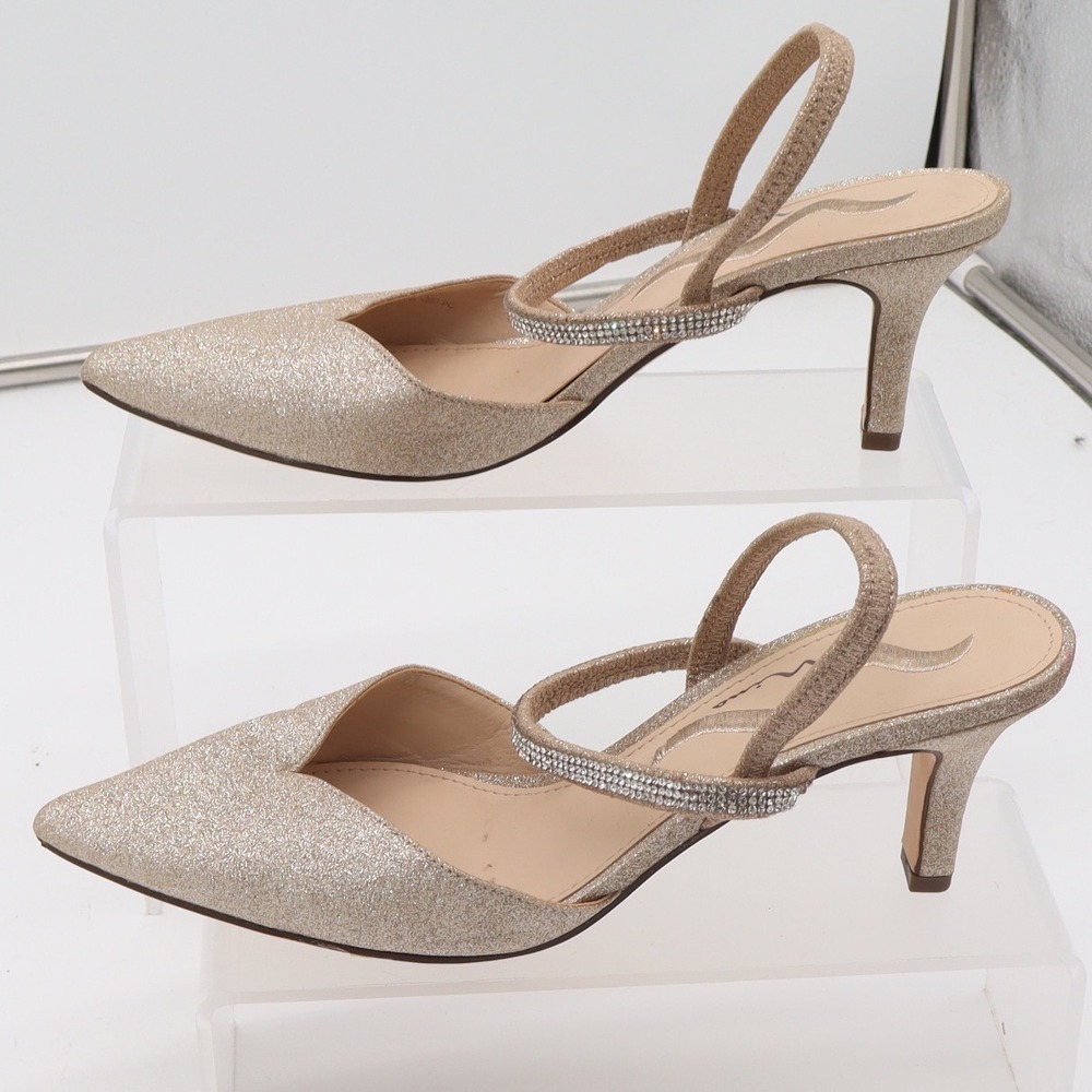 Nina Slingback Pump Womens 6.5 Champagne Gold Glitter Rhinestone Excellent